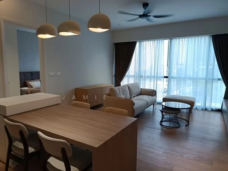 Living features: 3-seater fabric sofa in light beige, coffee table with metal base, floor-to-ceiling windows with sheer curtains, wooden flooring, ceiling fan with light, wall-mounted TV, sideboard cabinet in light wood, decorative wall art; style: modern; view: city. Dining features: 6-seater dining table in light wood, 4 dining chairs with cream upholstery, pendant lighting above dining table; style: modern.