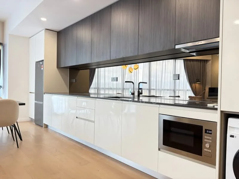 Kitchen features: white glossy cabinetry, dark wood upper cabinets, black countertop, stainless-steel sink, chrome pull-down faucet, built-in microwave, freestanding refrigerator, recessed downlights, open shelving, floor-to-ceiling windows, light wood flooring, modern pendant light; style: modern.