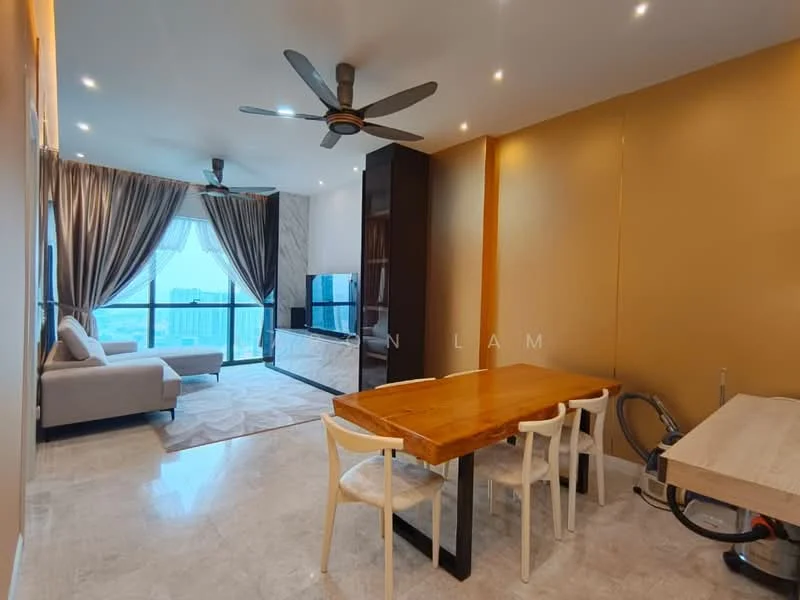 Living features: 3-blade ceiling fan, floor-to-ceiling windows, grey fabric sofa, wood dining table, 4 white dining chairs, marble flooring, decorative curtains, TV console, wall-mounted TV, area rug, wall-mounted lighting; style: modern; view: city.