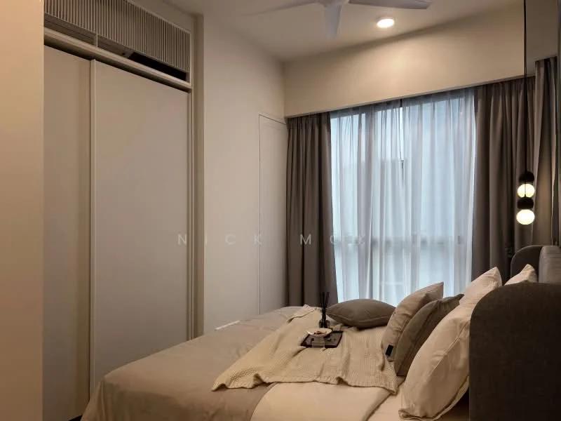 Bedroom features: queen-size bed, upholstered headboard, bedside table, decorative pillows, light grey bedding, floor-to-ceiling window, sheer curtains, dark grey curtains, ceiling fan, recessed lighting, built-in wardrobe with sliding doors, wall-mounted light fixture; style: modern.