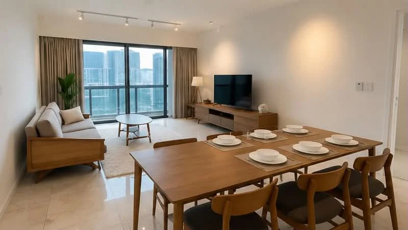 Living features: 3-seater fabric sofa in light beige, wooden coffee table, TV console with flat-screen TV, area rug, floor-to-ceiling windows, curtains, wall-mounted lighting, marble tile flooring; style: modern; view: city. Dining features: 6-seater wooden dining table, wooden dining chairs, table setting with plates, neutral table runner, marble tile flooring; style: modern; view: city.