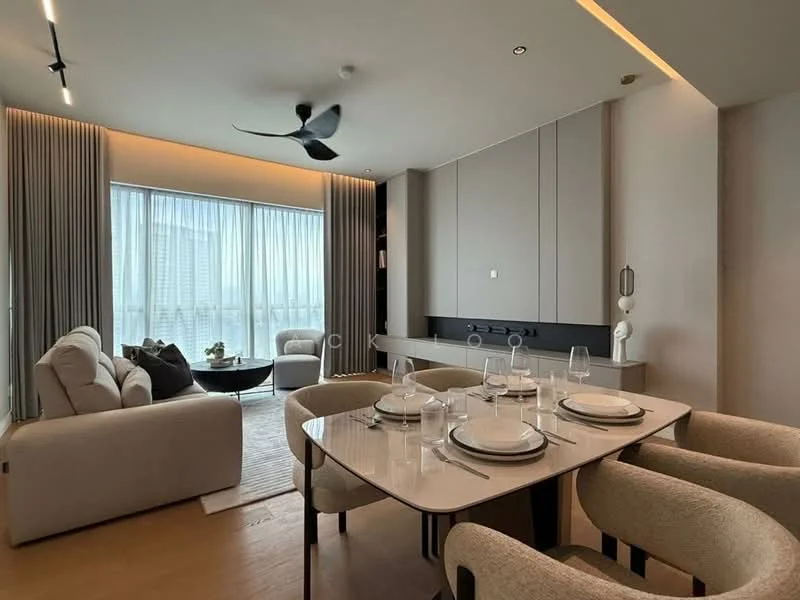 Dining features: 6-seater dining table, upholstered dining chairs, white tableware, glassware, floor-to-ceiling windows, sheer curtains, wooden flooring, recessed downlights, decorative wall paneling, ceiling fan with light, sofa in light fabric, coffee table, area rug; style: modern; view: city.