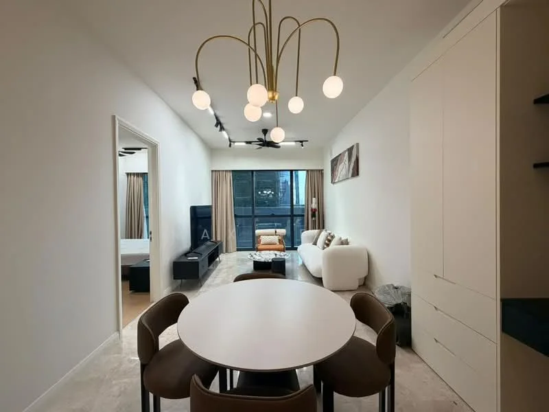 Living features: white painted walls, marble tile flooring, 5-blade ceiling fan with light, chandelier with multiple bulbs, sofa in white fabric, coffee table, TV console, wall-mounted TV, floor-to-ceiling windows, curtains, decorative artwork on wall, area rug; style: modern; view: city. Dining features: round dining table, 4 upholstered dining chairs, built-in cabinetry, open shelving; style: modern.