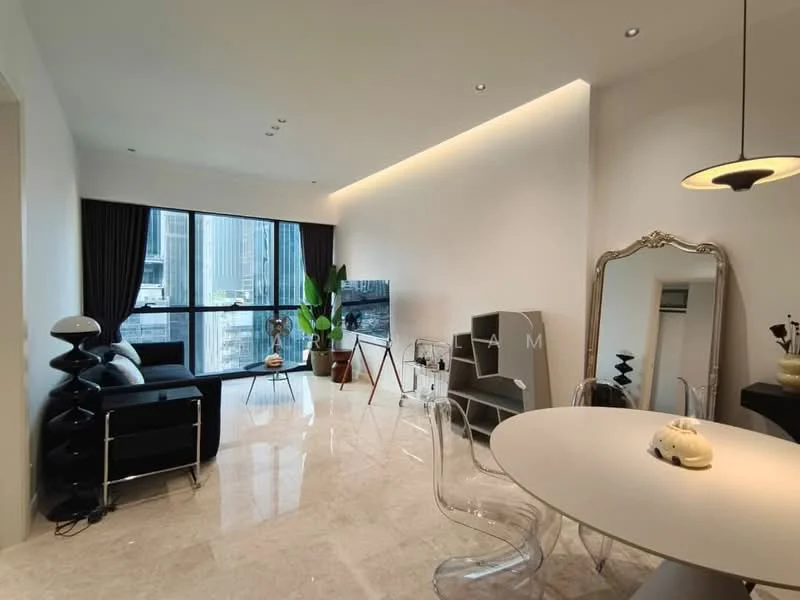Living features: floor-to-ceiling windows, black sofa, glass coffee table, TV console, wall-mounted TV, decorative mirror, indoor plant, marble flooring, recessed downlights, dining table with white round top, transparent dining chairs, black shelving unit; style: modern; view: city.