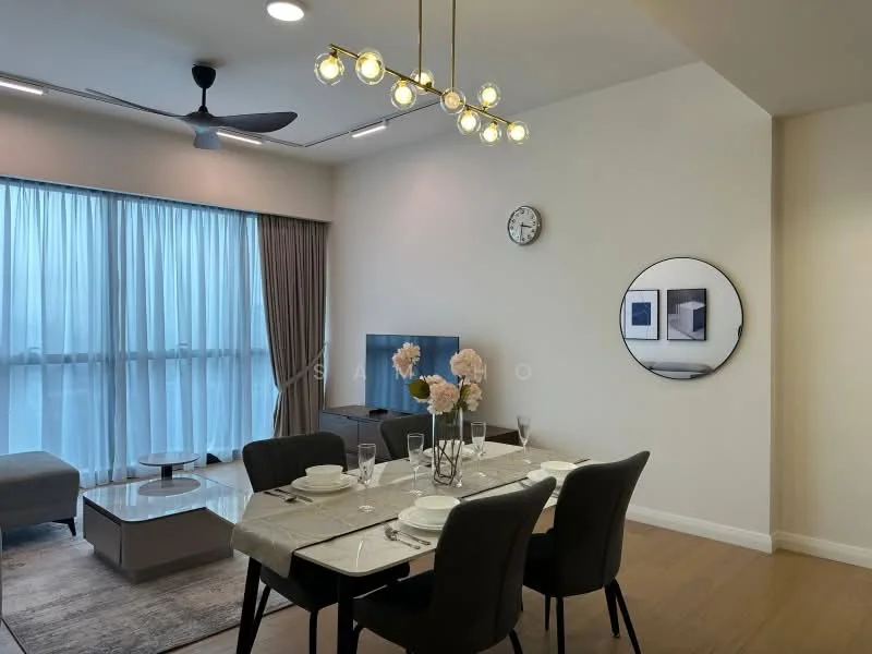 Dining features: 6-seater dining table, upholstered dining chairs, decorative vase with flowers, pendant light fixture, wall clock, framed artwork, floor-to-ceiling windows with sheer curtains, wooden flooring, TV console, wall-mounted TV, sofa in grey fabric; style: modern; view: city.