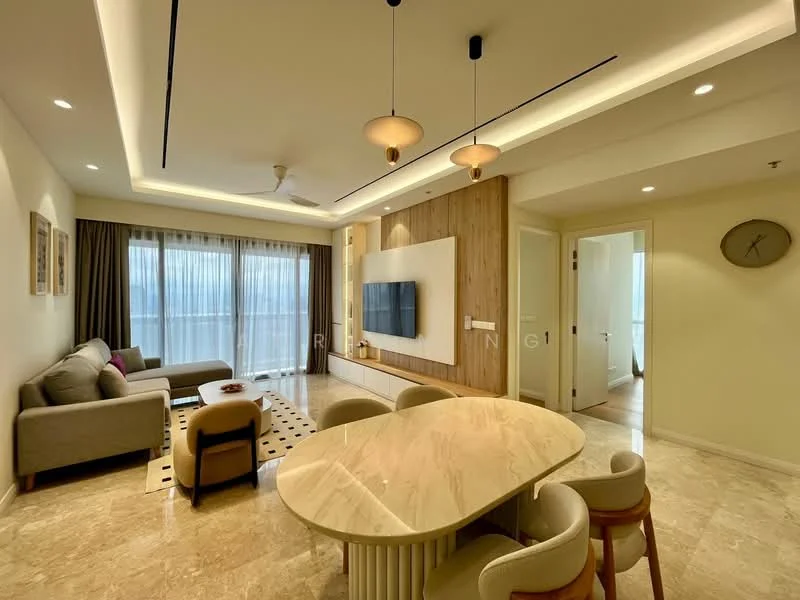 Living features: 3-seater fabric sofa in grey, coffee table, wall-mounted TV, entertainment unit, area rug with geometric pattern, floor-to-ceiling windows, curtains, ceiling fan with light, recessed downlights, marble flooring, wood feature wall, dining table with marble top, upholstered dining chairs; style: modern.