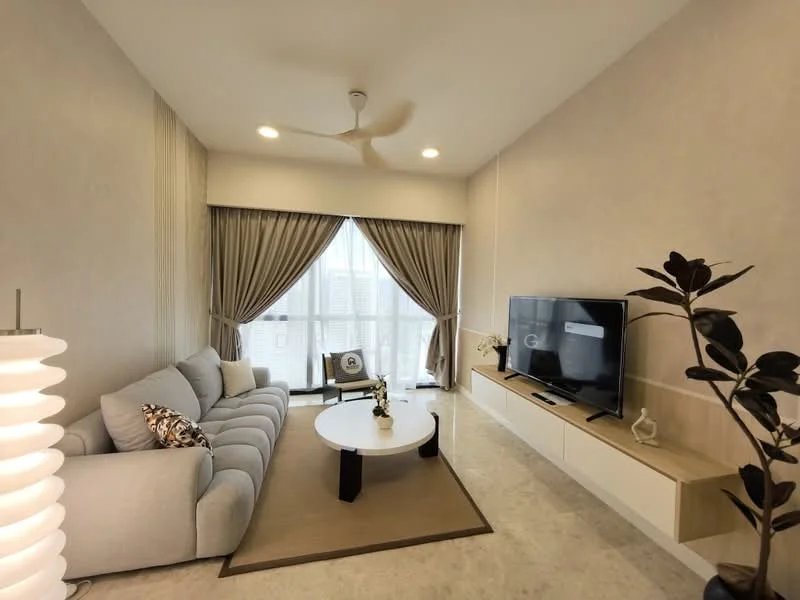 Living features: 3-seater fabric sofa in light grey, round coffee table with white top, TV console with wooden finish, wall-mounted flat-screen TV, floor-to-ceiling windows, sheer curtains, ceiling fan, decorative plant in ceramic pot, area rug with neutral color, wall with light beige finish, recessed downlights; style: modern; view: city.