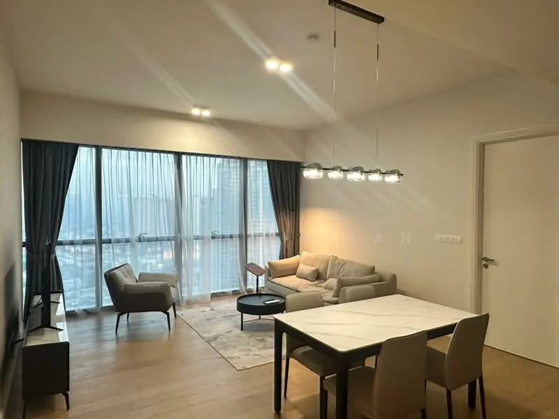 Living features: floor-to-ceiling windows, sheer curtains, 3-seater fabric sofa in light grey, coffee table, area rug with geometric pattern, TV console, wall-mounted TV, dining table with marble top, 4 upholstered dining chairs, pendant light fixture, wooden flooring, decorative wall art; style: modern; view: city.