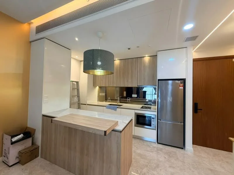 Kitchen features: island kitchen with breakfast bar, white quartz countertop, wood cabinetry, stainless-steel fridge, built-in oven, induction cooktop, extraction hood, pendant light fixture, ceramic tile flooring, recessed lighting, open shelving, wall-mounted cabinets; style: modern.