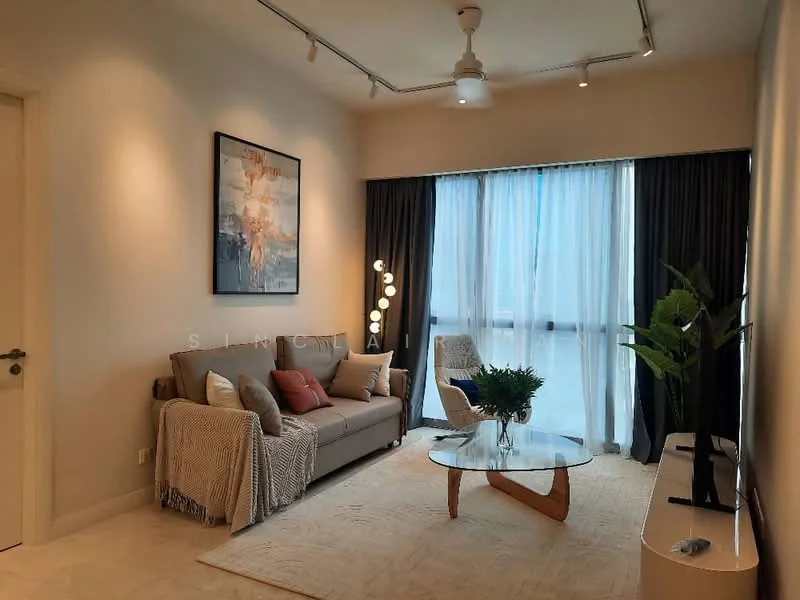 Living features: 3-seater fabric sofa in beige, decorative throw blanket, coffee table with wooden legs, floor-to-ceiling windows, sheer curtains, blackout curtains, ceiling fan with light, decorative floor lamp, indoor plant in ceramic pot, wall-mounted TV console, area rug with neutral tones, framed artwork on wall; style: modern; view: city.
