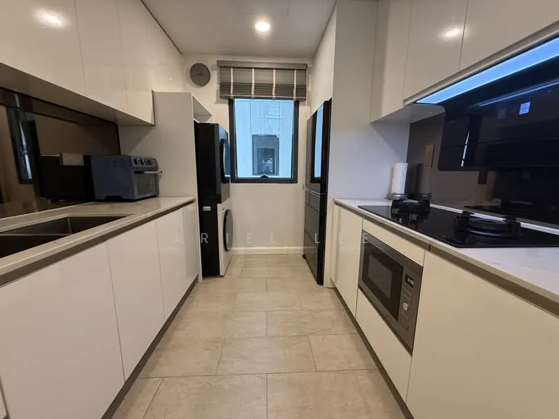 Kitchen features: white glossy cabinetry, grey countertop, built-in microwave, stainless-steel fridge, stainless-steel range hood, 4-burner gas hob, single-bowl stainless-steel sink, chrome pull-down faucet, tile flooring, window with city view, recessed downlights; style: modern; view: city.