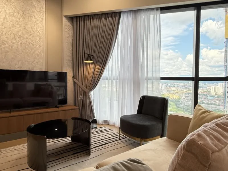 Living features: floor-to-ceiling windows, curtains, light grey upholstered armchair, black coffee table, cream sofa, wooden TV console, wall-mounted TV, striped area rug, decorative lamp, textured wall, city view; style: modern; view: city.