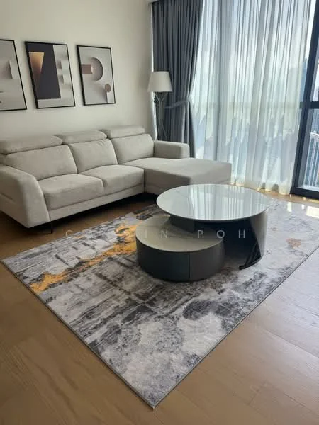 Living features: light grey fabric 3-seater sofa, round glass coffee table, area rug with abstract pattern, floor-to-ceiling windows, curtains, wall-mounted artwork, lampshade floor lamp, wooden flooring; style: modern; view: city.