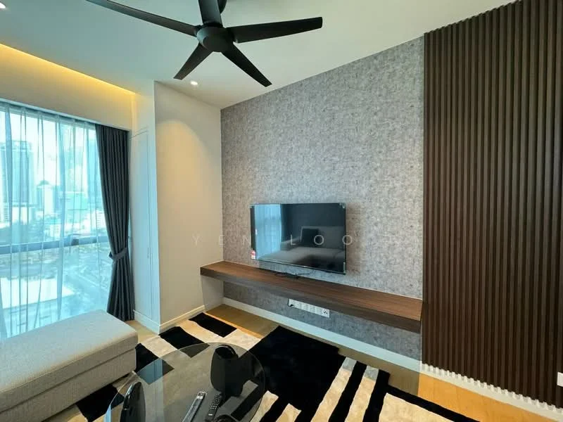 Living features: floor-to-ceiling windows, sheer curtains, 3-blade ceiling fan, wall-mounted TV, wooden TV console, textured accent wall, light-colored sofa, area rug with geometric pattern, black and white color scheme, recessed lighting; style: modern; view: city.