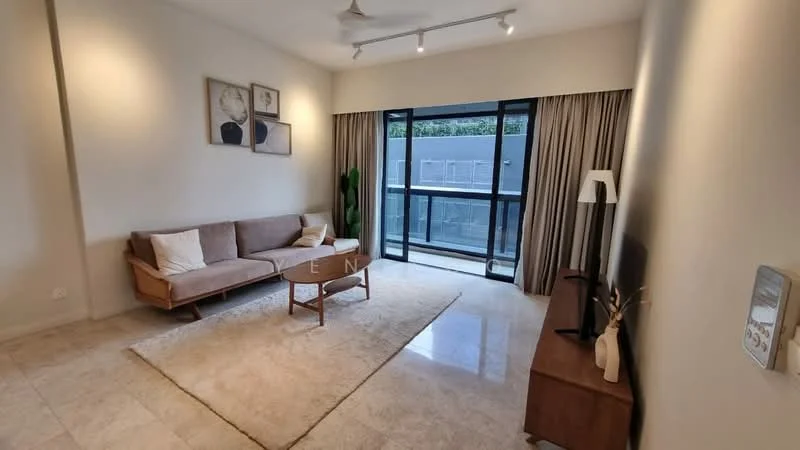 Living features: 3-seater fabric sofa in beige, wooden coffee table, TV console, wall-mounted TV, area rug with neutral color, floor-to-ceiling windows, sliding glass door, curtains, ceiling fan with light, decorative plant, wall art, marble tile flooring, recessed downlights; style: modern.