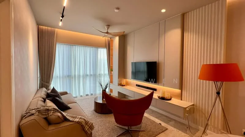 Living features: 3-seater fabric sofa in beige, accent chair in red, round coffee table, wall-mounted TV, media console with storage, floor-to-ceiling windows, sheer curtains, recessed LED downlights, ceiling fan with light, decorative wall paneling, area rug with geometric pattern, decorative throw pillows, decorative plant in ceramic pot; style: modern; view: city.