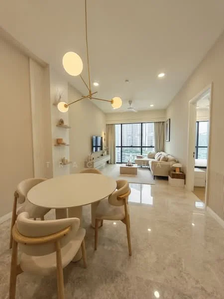 Living features: marble tile flooring, white painted walls, recessed downlights, 5-blade ceiling fan, wall-mounted TV, entertainment unit, sofa in light beige, coffee table, dining table with round top, upholstered dining chairs, floor-to-ceiling windows, curtains, decorative shelving; style: modern; view: city.