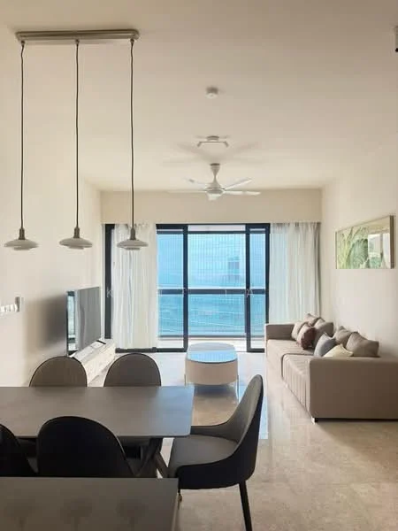 Living features: 3-seater fabric sofa in beige, coffee table, wall-mounted TV, floor-to-ceiling windows, sheer curtains, 5-blade ceiling fan with light, marble flooring, decorative artwork on wall; style: modern; view: sea. Dining features: 6-seater dining table, black dining chairs, pendant lighting above table; style: modern.