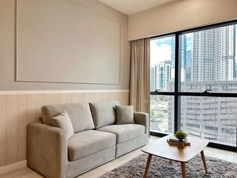 Living features: light grey fabric sofa, wooden coffee table, area rug with neutral tones, large floor-to-ceiling windows, city skyline view, cream painted walls, light wood paneling, curtains, recessed lighting; style: modern; view: city.