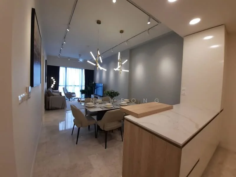 Dining features: marble countertop, light wood cabinetry, 6-seater dining table, upholstered dining chairs, pendant lighting, recessed downlights, open layout, neutral wall color, large windows with sheer curtains, living area visible in background, polished marble flooring; style: modern. Living features: fabric sofa in light grey, coffee table, TV console, wall-mounted TV, decorative floor lamp, area rug, large windows with city view, neutral wall color; style: modern; view: city.