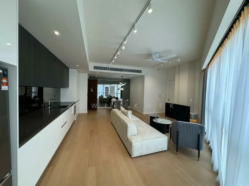 Living features: light wood flooring, white walls, recessed downlights, 5-blade ceiling fan, large floor-to-ceiling windows, curtains, L-shape sectional sofa in cream, coffee table, TV console, decorative wall art, open layout to kitchen, dining area visible; style: modern; view: city. Kitchen features: black cabinetry, white countertop, stainless-steel fridge, built-in oven, ceramic cooktop, single-bowl stainless-steel sink, chrome pull-down faucet; style: modern.