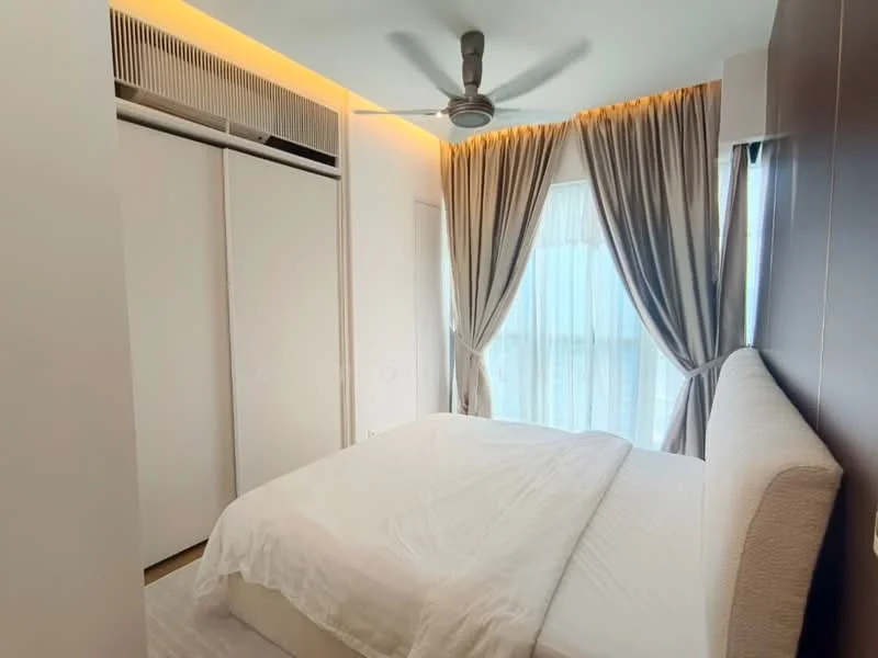 Bedroom features: king-size bed, upholstered headboard, floor-to-ceiling windows, sheer curtains, light grey bedding, built-in wardrobe with sliding doors, ceiling fan, recessed lighting, wooden flooring, decorative wall paneling; style: modern; view: city.