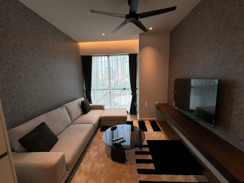 Living features: 3-seater fabric sofa in light grey, ottoman, round glass coffee table, wall-mounted TV, wooden TV console, black and white area rug, ceiling fan with light, floor-to-ceiling windows with sheer curtains, accent wall with textured wallpaper, recessed lighting; style: modern; view: city.