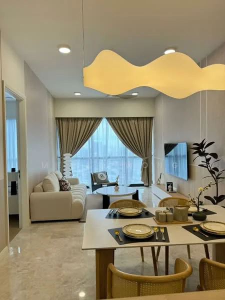 Living features: cream painted walls, marble flooring, 5-blade ceiling fan with light, floor-to-ceiling windows, sheer curtains, sofa in cream fabric, coffee table, wall-mounted TV, decorative plant in ceramic pot, area rug with geometric pattern; style: modern; view: city. Dining features: 6-seater dining table, upholstered dining chairs, table setting with plates and cutlery, decorative centerpiece, pendant light fixture; style: modern; view: city.