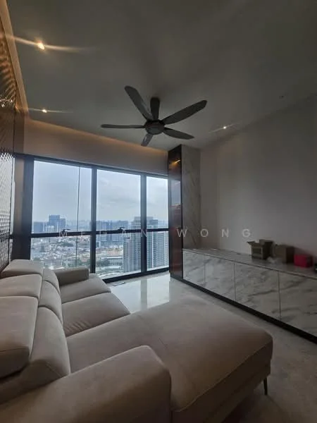 Living features: 3-seater fabric sofa in beige, floor-to-ceiling windows, city view, marble flooring, 5-blade ceiling fan, built-in cabinetry with marble finish, recessed lighting, neutral wall color; style: modern; view: city.