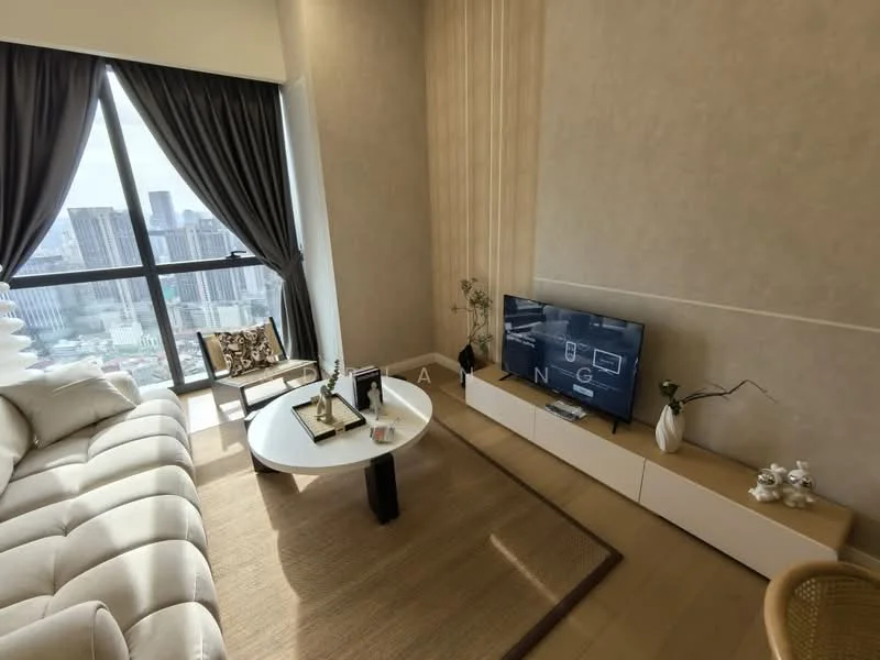 Living features: 3-seater fabric sofa in cream, round coffee table with glass top, TV console with white cabinetry, wall-mounted TV, area rug with neutral color, floor-to-ceiling windows, curtains in dark grey, decorative vase on console, framed artwork on wall, decorative items on coffee table; style: modern; view: city.