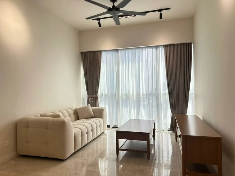 Living features: 3-seater fabric sofa in cream, wood coffee table, wood TV console, floor-to-ceiling windows, sheer curtains, grey curtains, marble flooring, 5-blade ceiling fan with integrated LED light; style: modern; view: city.