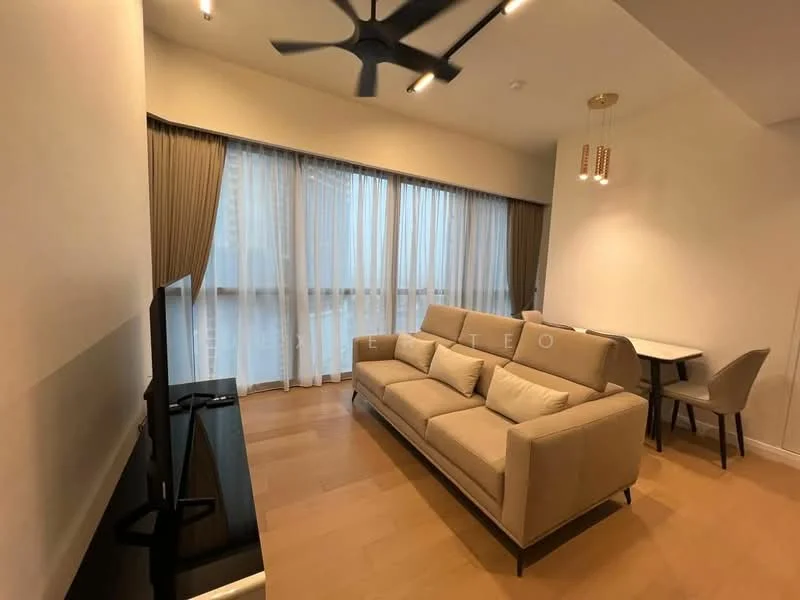Living features: 3-seater fabric sofa in beige, floor-to-ceiling windows, sheer curtains, 5-blade ceiling fan, wooden flooring, TV console, wall-mounted TV, area rug, dining table for 2, upholstered dining chairs; style: modern; view: city.