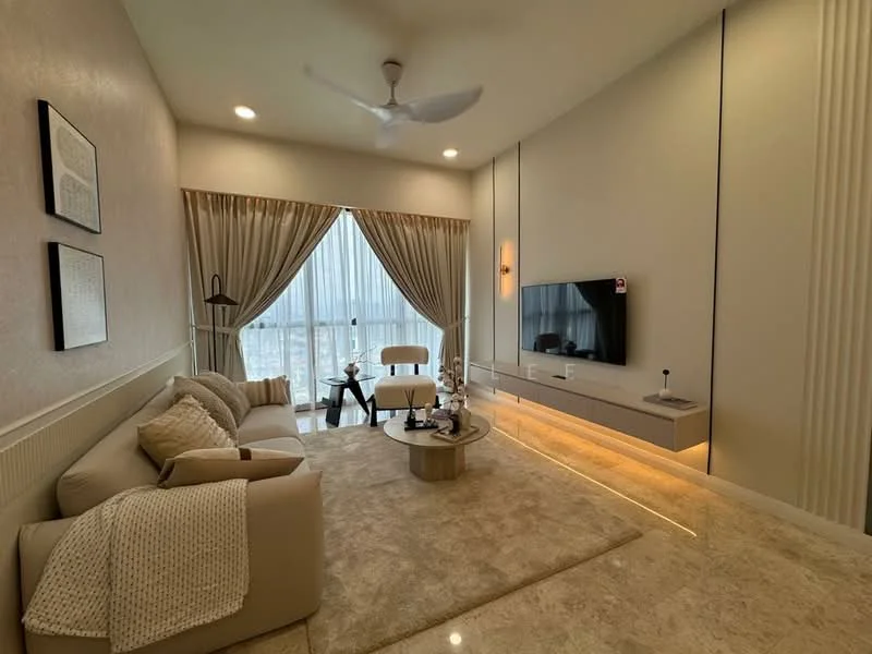 Living features: beige fabric 3-seater sofa, white armchair, round coffee table, wall-mounted TV, floating TV console, recessed lighting, ceiling fan, floor-to-ceiling windows, sheer curtains, cream carpet flooring, decorative wall panels, decorative artwork on walls; style: modern; view: city.