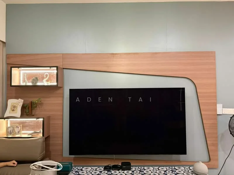 Living features: wall-mounted TV, wooden feature wall, light blue painted wall, built-in display shelves, decorative plants on shelves, geometric design on wall, sofa, area rug; style: modern.