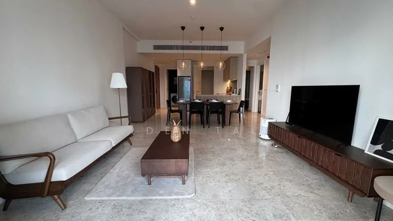 Living features: 3-seater fabric sofa in light grey, wooden coffee table, TV console with storage, wall-mounted TV, area rug with neutral color, recessed downlights, marble flooring, large windows with natural light; style: modern. Dining features: 4-seater dining table, wooden dining chairs, pendant lighting above dining table, open layout to kitchen, kitchen island with seating; style: modern. Kitchen features: stainless-steel refrigerator, built-in oven, ceramic cooktop, kitchen cabinetry with wood finish, quartz countertop, single-bowl stainless-steel sink, chrome pull-down faucet, backlit backsplash; style: modern.