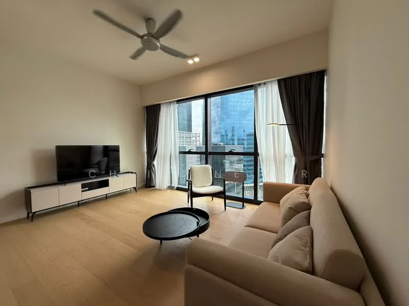 Living features: 3-seater fabric sofa in beige, coffee table with round black top, TV console with white cabinetry, wall-mounted TV, floor-to-ceiling windows, sheer curtains, blackout curtains, ceiling fan with light, wooden flooring, lamp with a slender base, decorative wall art, area rug; style: modern; view: city.