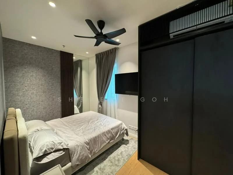 Bedroom features: king-size bed with upholstered headboard, grey bedding, 2 bedside lamps, built-in wardrobe with sliding doors, wall-mounted TV, ceiling fan, recessed downlights, curtains, wooden flooring, decorative wall with textured finish; style: modern.