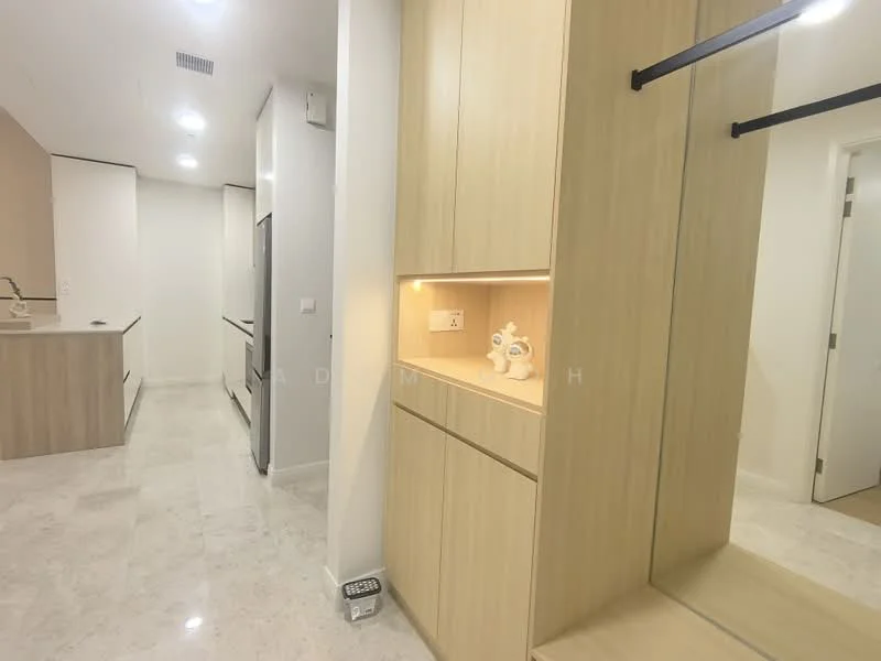 Kitchen features: white cabinetry, light wood cabinetry, built-in refrigerator, marble countertop, recessed downlights, open shelving, integrated appliances, ceramic tile flooring; style: modern. Room features: mirror, wall-mounted coat rack, light wood paneling, recessed lighting.