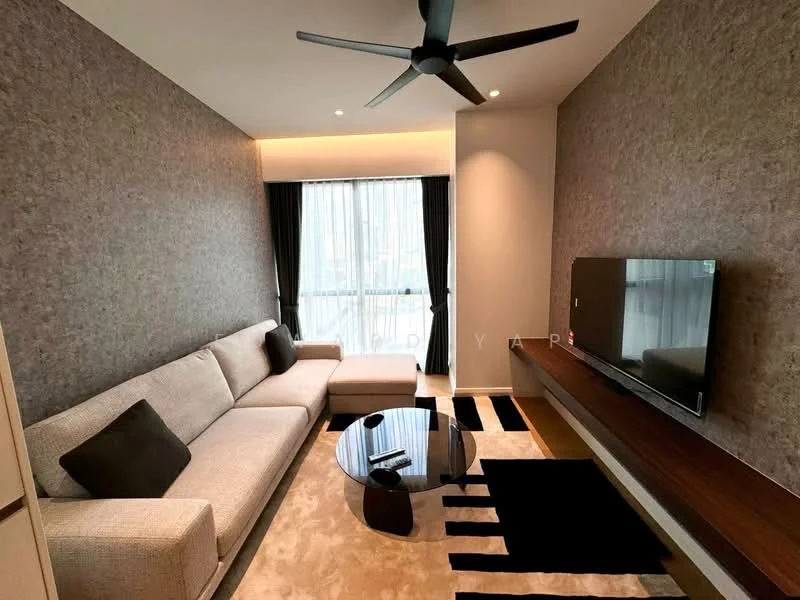 Living features: 3-seater fabric sofa in light grey, black accent cushions, coffee table with round glass top, TV console with wall-mounted TV, wooden wall paneling, black and white area rug, ceiling fan with 3 blades, floor-to-ceiling windows with sheer curtains, wall-mounted lighting, decorative wall with textured finish; style: modern; view: city.