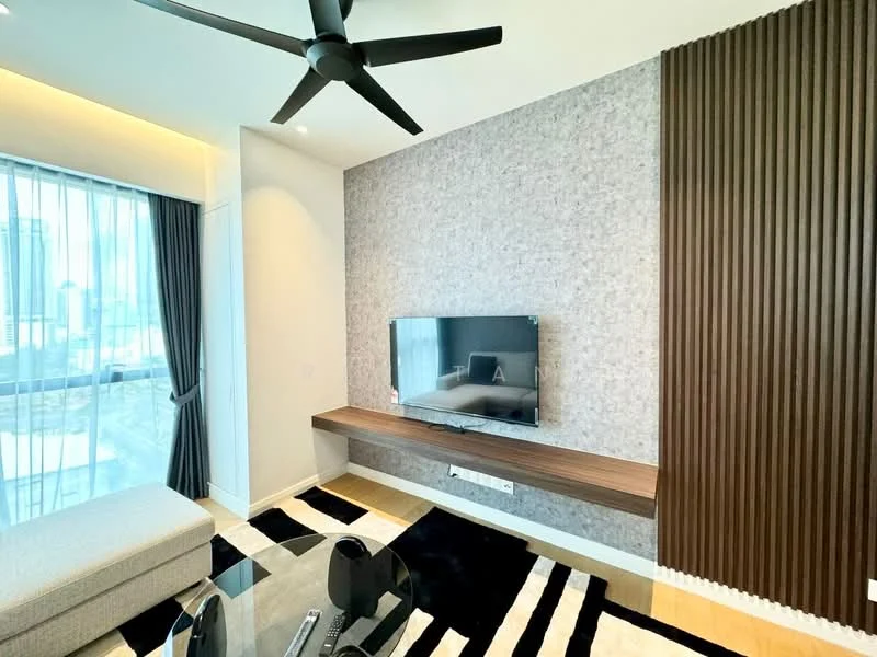 Living features: 5-blade ceiling fan in black, wall-mounted TV, wooden TV console, grey accent wall, textured wall paneling, large floor-to-ceiling windows, sheer curtains, area rug with geometric pattern, sofa in light grey fabric, black coffee table, black and white striped area rug; style: modern; view: city.