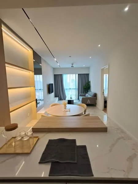 Living features: light grey walls, marble countertop, wooden dining table, upholstered dining chairs, floor-to-ceiling windows, sheer curtains, recessed LED downlights, wall-mounted TV, decorative plant, area rug, sofa, coffee table; style: modern. Room features: light grey walls, marble countertop, wooden tray, glass jars, kitchen towels.