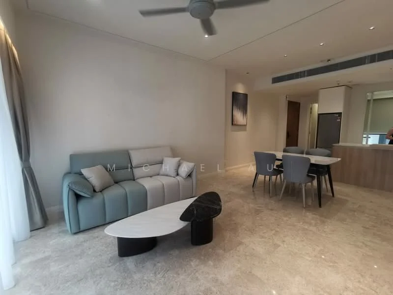 Living features: 3-seater fabric sofa in light blue, coffee table with marble top and black base, area rug, floor-to-ceiling windows with sheer curtains, ceiling fan, marble tile flooring, wall-mounted artwork, open layout to dining area; style: modern. Dining features: 4-seater dining table, upholstered dining chairs, wooden cabinetry in background, open layout to living area; style: modern.
