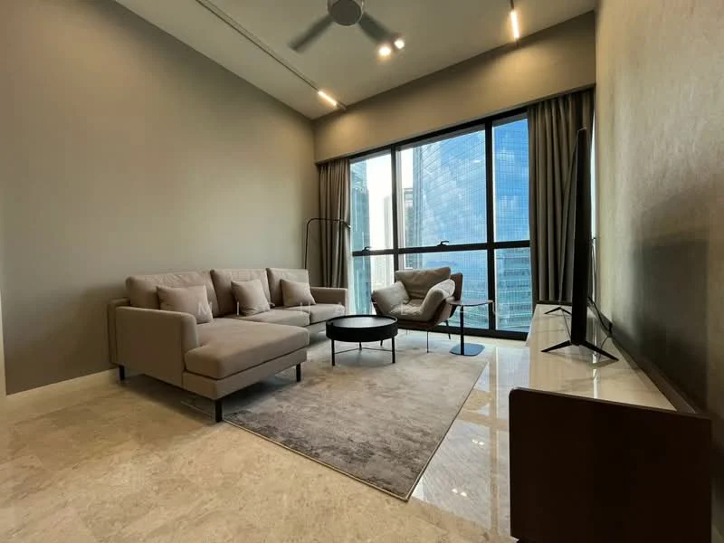 Living features: 3-seater fabric sofa in light beige, accent chair in light beige, round coffee table in black, area rug with neutral tones, floor-to-ceiling windows, curtains in grey, marble tile flooring, ceiling fan with integrated LED light, wall-mounted TV, decorative wall with textured finish; style: modern; view: city.