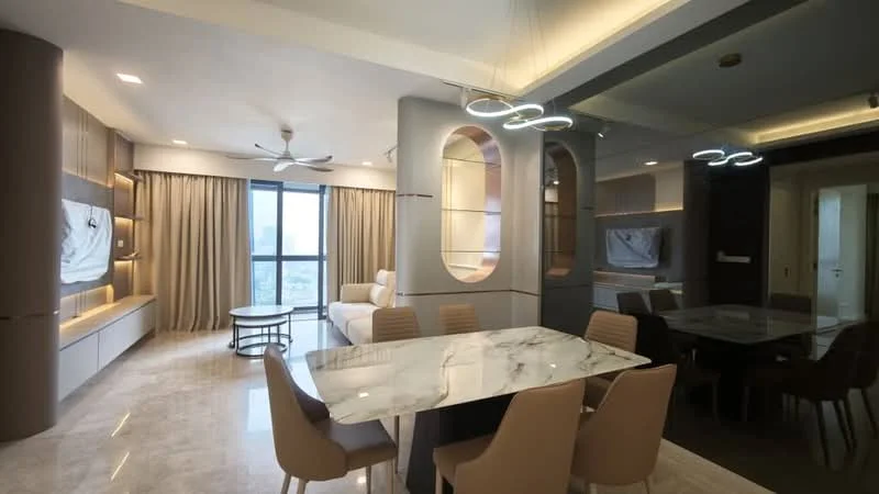 Living features: marble flooring, 5-blade ceiling fan with integrated LED light, floor-to-ceiling windows, sheer curtains, light grey sofa, coffee table, TV console, wall-mounted TV, decorative wall with backlighting, dining table with beige upholstered chairs, recessed downlights, built-in cabinetry; style: modern; view: city.