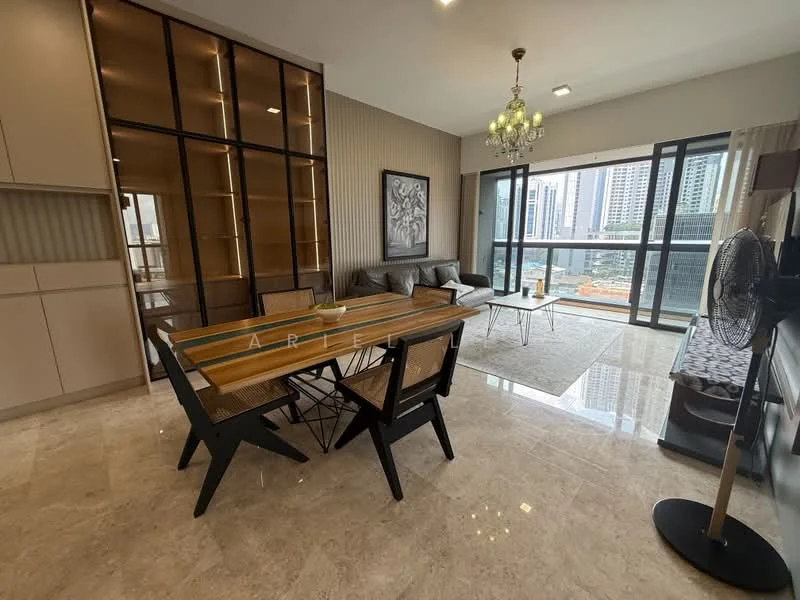 Living features: grey leather sofa, glass coffee table, area rug, floor-to-ceiling windows, city view, chandelier, wall-mounted TV, TV console, decorative wall art, marble tile flooring, built-in cabinetry, dining table with wooden top, black dining chairs, open shelving; style: modern; view: city.