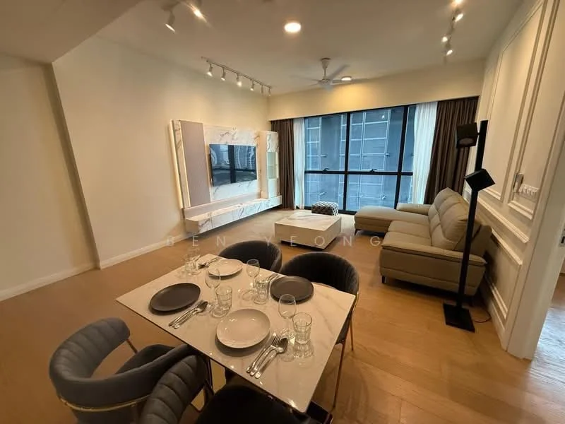 Living features: light wood flooring, floor-to-ceiling windows, grey fabric sectional sofa, white marble TV console, wall-mounted TV, recessed downlights, ceiling fan, decorative wall paneling, black floor lamp, dining table with marble top, 4 upholstered dining chairs, glassware on the table, table setting with plates and cutlery; style: modern; view: city.