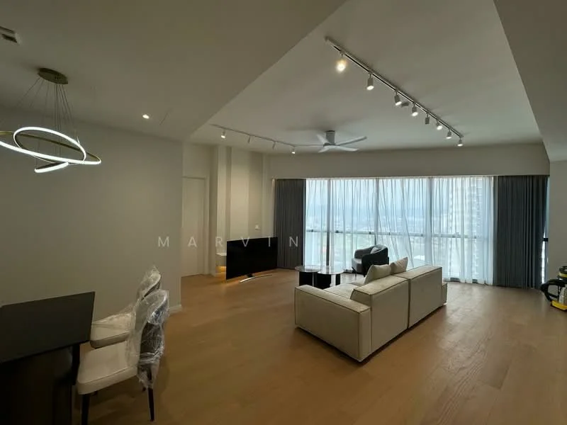 Living features: light wood flooring, floor-to-ceiling windows, sheer curtains, 3-blade ceiling fan, recessed LED downlights, modern light fixture, L-shape sectional sofa in white, coffee table, TV console, wall-mounted TV, decorative wall art, open layout; style: modern; view: city.