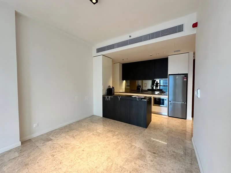 Kitchen features: marble tile flooring, white painted walls, kitchen island with seating, stainless-steel fridge, built-in oven, freestanding range oven, chrome pull-down faucet, single-bowl stainless-steel sink, dark cabinetry, recessed downlights; style: modern. Room features: natural light from windows, open layout.