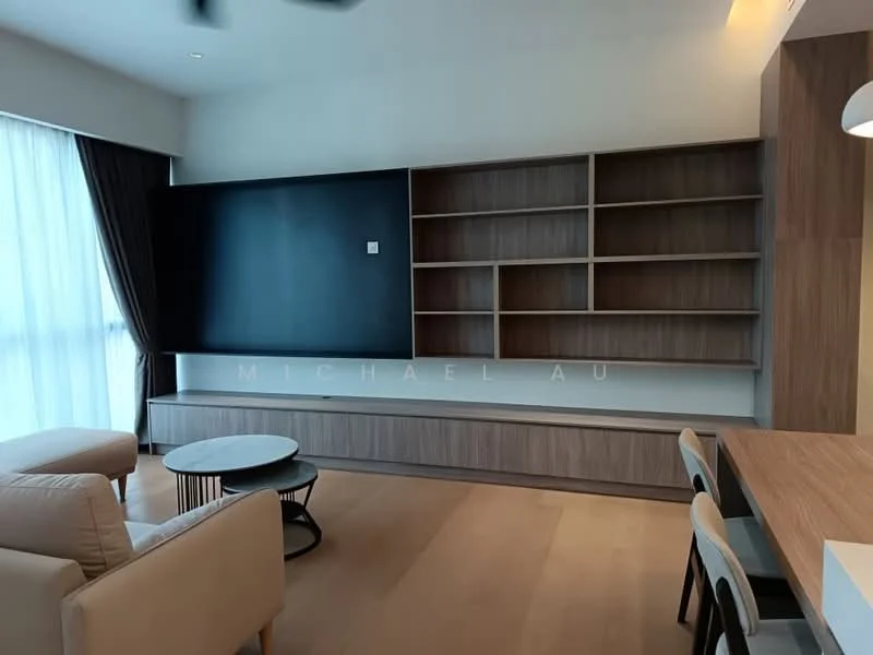 Living features: light wood flooring, floor-to-ceiling windows, black accent wall, built-in wooden shelving, light-colored sofa, round coffee table, recessed ceiling lights, ceiling fan; style: modern.