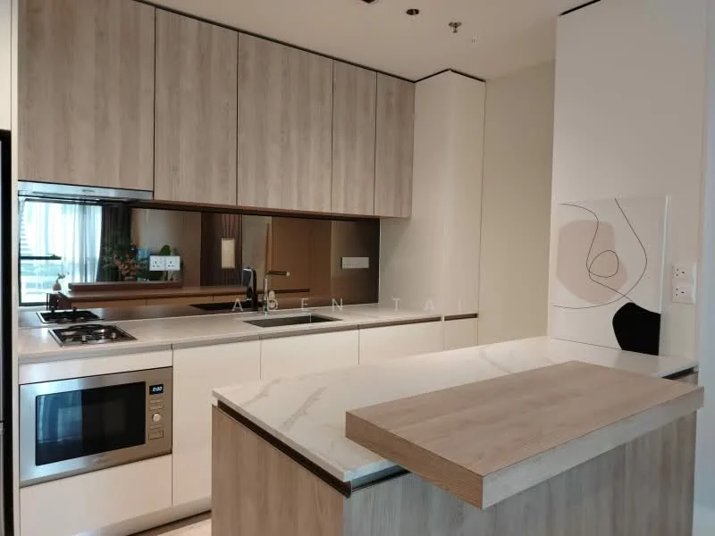 Kitchen features: white cabinetry with wood accents, marble countertop, kitchen island with breakfast bar, built-in microwave, stainless-steel oven, 4-burner gas hob, glass backsplash, recessed downlights, floor-to-ceiling windows, decorative wall art; style: modern.